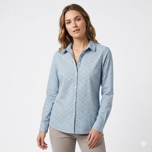 2/$30 - NICOLI Light Blue Printed 100%‎ Cotton Button-Down Shirt Women’s Small